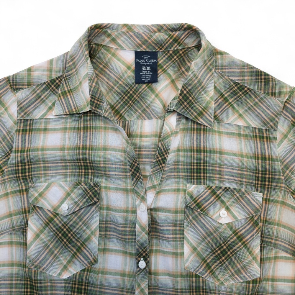 Faded Glory Girls Plaid Western Button Up Shirt XL Green Tan Cotton Retro Youth - Picture 3 of 6